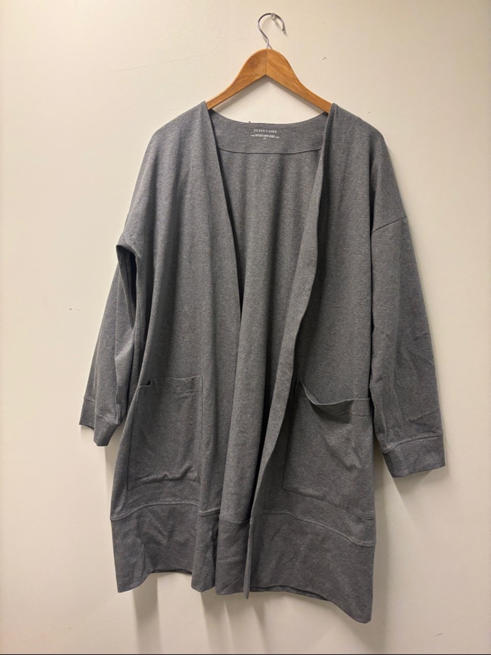 Eileen Fisher Long Grey Cardigan with Pockets Size Large Organic Cotton Spandex